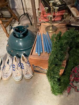 Vintage tennis shoes, Christmas, and apple crate