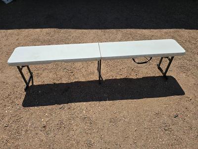 6-Foot Folding Utility bench – White Plastic Top, Black Metal Legs