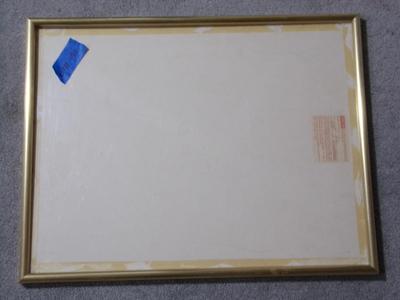 Gold tone frame w/ plexiglass & backer board, about 24"x19" over all