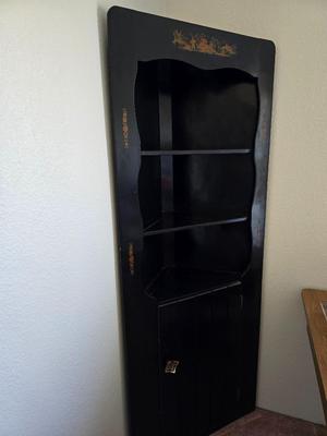 Vintage Black Lacquered Corner Cabinet with Chinoiserie Scene