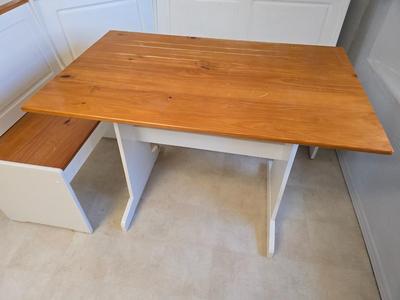 Farmhouse Style Wooden Kitchen Table /breakfast nook table– Natural Wood Top & White Base with bench seating and corner bench seat