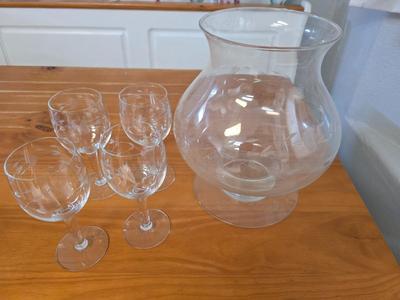 Princess House Heritage Entertaining Set – Etched Glass Vase / Bowl & 4 Goblets