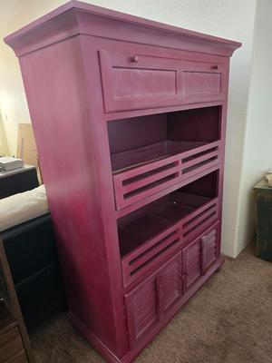 Rustic Burgundy Painted Wood Cabinet / Hutch
