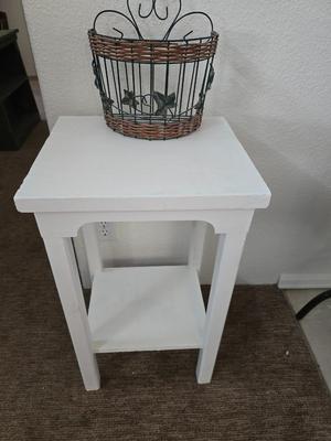 White Painted Wood Side Table with Lower Shelf + Metal & Wicker Basket