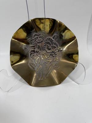 Vintage Solid Brass 8" Scalloped Edge Candy / Nut Dish Embossed Floral Design