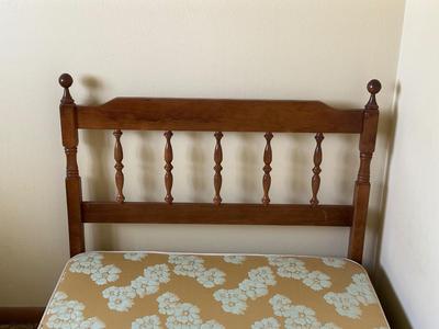 TWIN BED BOX SPRING WITH HEADBOARD AND METAL FRAME ON CASTERS