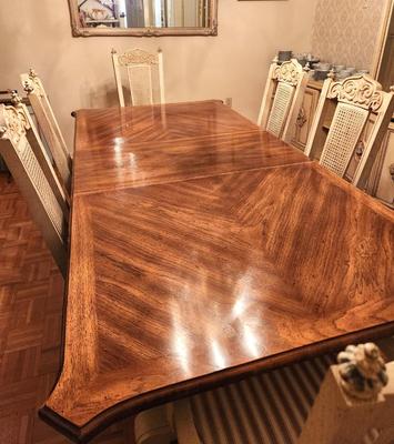 Lot #44 1970's French Provincial (Farmhouse) style Dining Room Table = 6 Chairs - one Leaf