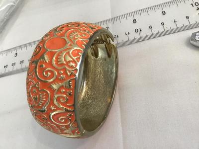Orange And Gold Tone Wide Hinge Bracelet