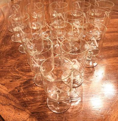 Lot #47 Lot of 20 Vintage Footed Glasses with Etched initial "N"