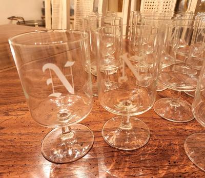 Lot #47 Lot of 20 Vintage Footed Glasses with Etched initial "N"
