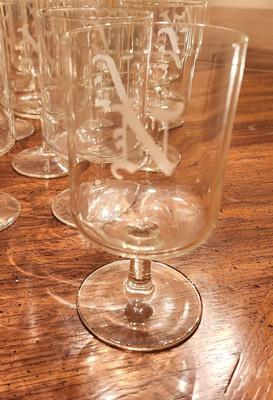 Lot #47 Lot of 20 Vintage Footed Glasses with Etched initial "N"
