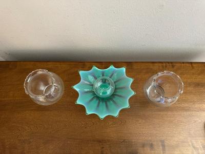 FOSTORIA HEIRLOOM GREEN BOWL AND 2 ROSE BOWLS