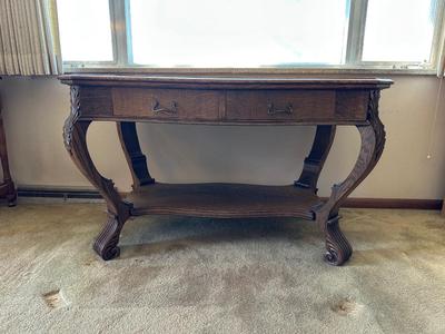 ANTIQUE CARVED 2 TIER FOYER TABLE WITH 2 DRAWERS