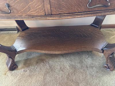 ANTIQUE CARVED 2 TIER FOYER TABLE WITH 2 DRAWERS