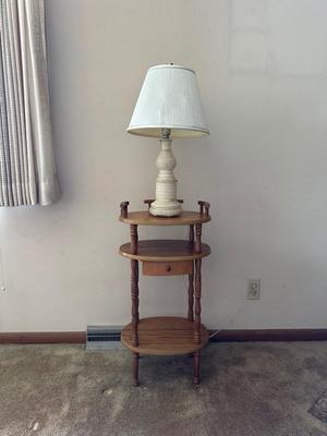 3 TIER STAND WITH DRAWER AND A REVERSE HOBNAIL GLASS LAMP
