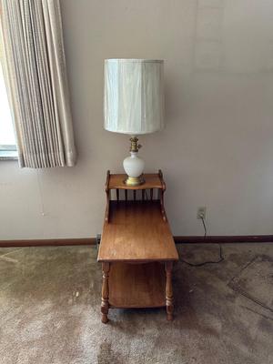 3 TIER END TABLE WITH MILK GLASS HOBNAIL LAMP