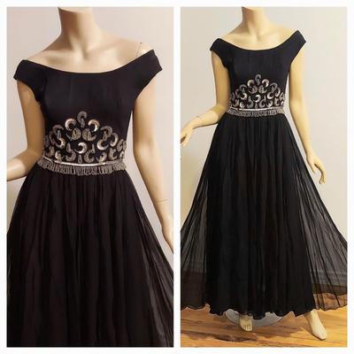 Vtg 1950s Silk Chiffon Embellished Cocktail dress