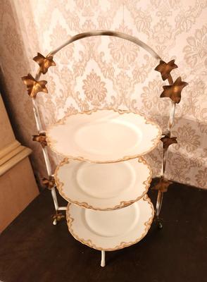Lot #56 3 Tier Dessert Holder with Limoges Plates