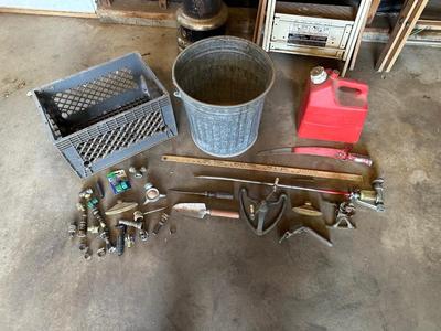 PLASTIC GAS CAN, HOSE PARTS, GALVANIZED METAL BUCKET, PRUNING SAW AND SPRINKLERS