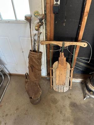 VINTAGE SLED AND GOLF CLUBS