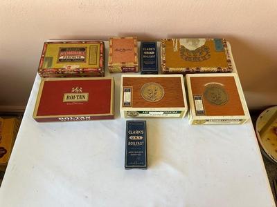 6 VINTAGE CIGAR BOXES AND 2 VINTAGE CLARK’S THREAD BOXES