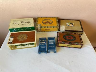 5 VINTAGE CIGAR BOXES AND 2 VINTAGE CLARK’S THREAD BOXES