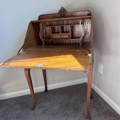 Solid Oak Secretary Desk with Ornate Details