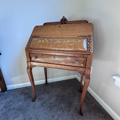 Solid Oak Secretary Desk with Ornate Details