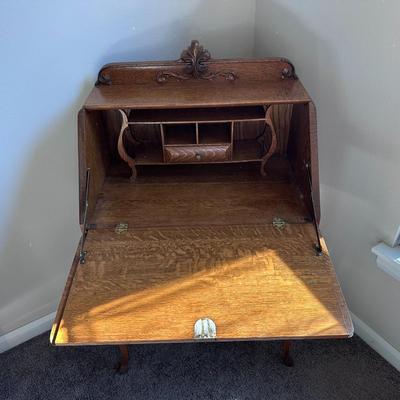 Solid Oak Secretary Desk with Ornate Details