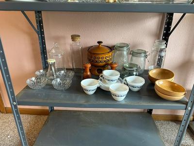 WOODEN BOWLS, CANNING JARS, CUPS WITH PLATES AND MORE