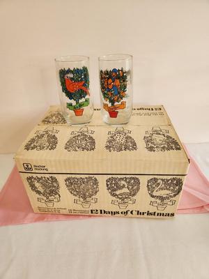 Lot #61 Complete Set of Vintage Anchor Hocking 12 days of Christmas Glasses in original Box