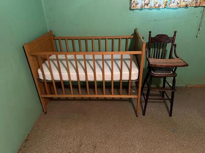 VINTAGE HIGH CHAIR AND BABY CRIB