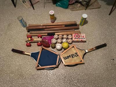 VINTAGE BASEBALL BATS, BASEBALLS, RACQUETS AND MORE