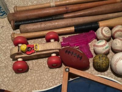 VINTAGE BASEBALL BATS, BASEBALLS, RACQUETS AND MORE