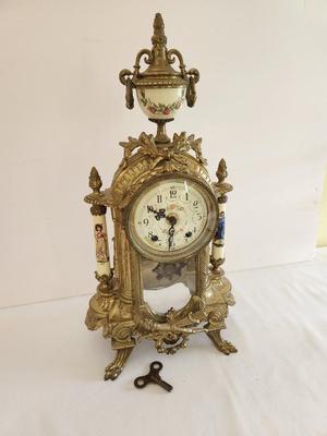 Lot #66 Heavy Brass Antique Reproduction Pendulum Clock with key - works/chimes