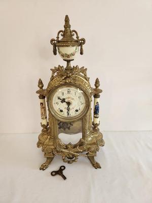 Lot #66 Heavy Brass Antique Reproduction Pendulum Clock with key - works/chimes