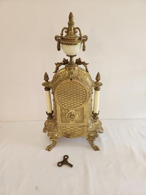 Lot #66 Heavy Brass Antique Reproduction Pendulum Clock with key - works/chimes