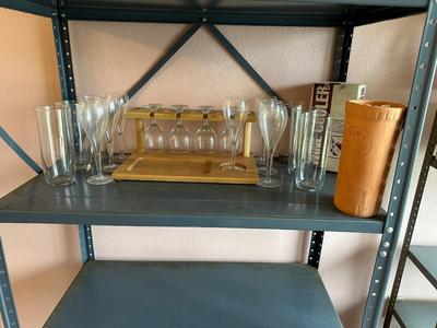 WINE GLASSES, WINE COOLER AND 6 DRINKING GLASSES