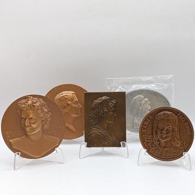 LOT 1: Set of 5 Metal Medallions- Shirley Temple Black, Lorraine, France, Eva Adams & More