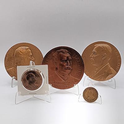 LOT 8: Set of 5 Metal Medallions- Franklin D. Roosevelt, Daniel Manning & More