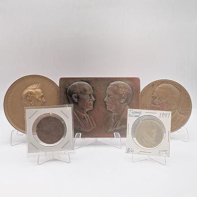 LOT 10: Set of 5 Metal Medallions- Thomas Edison 1913 Electrical Exposition, Wallace and Tiernan & More