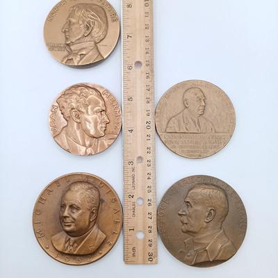 LOT 11: Set of 5 Metal Medallions- Jean Mermoz, Marshal Foch, William H. Seward & More