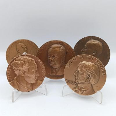 LOT 11: Set of 5 Metal Medallions- Jean Mermoz, Marshal Foch, William H. Seward & More