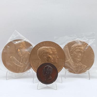 LOT 12: Set of 4 Metal Medallions- Pittsburgh Female College, Gershwin 1985, Jackie Robinson & John Wayne