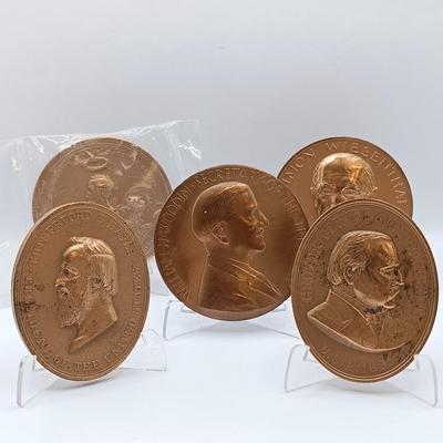 LOT 15: Set of 5 Metal Medallions- Cyrus W. Field Atlantic Telegraph, Simon Wiesenthal, Grover Cleveland & More