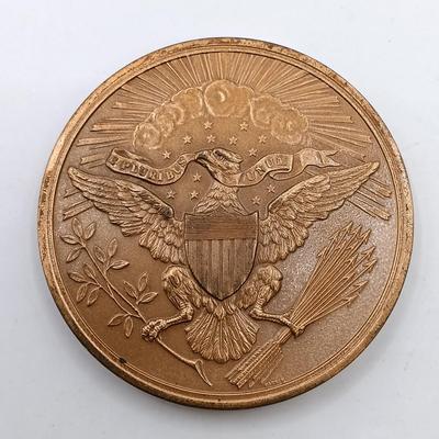 LOT 16: Set of 4 Metal Medallions with Coin Club Plaque- Philadelphia Centennial Exposition, Leslie M. Shaw & More