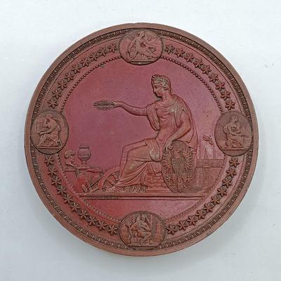 LOT 16: Set of 4 Metal Medallions with Coin Club Plaque- Philadelphia Centennial Exposition, Leslie M. Shaw & More