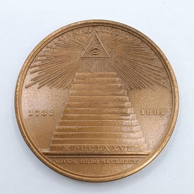 LOT 16: Set of 4 Metal Medallions with Coin Club Plaque- Philadelphia Centennial Exposition, Leslie M. Shaw & More