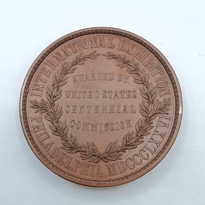LOT 16: Set of 4 Metal Medallions with Coin Club Plaque- Philadelphia Centennial Exposition, Leslie M. Shaw & More