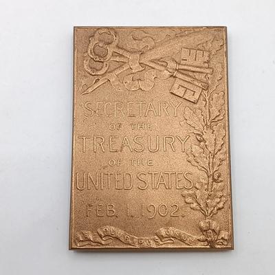 LOT 16: Set of 4 Metal Medallions with Coin Club Plaque- Philadelphia Centennial Exposition, Leslie M. Shaw & More